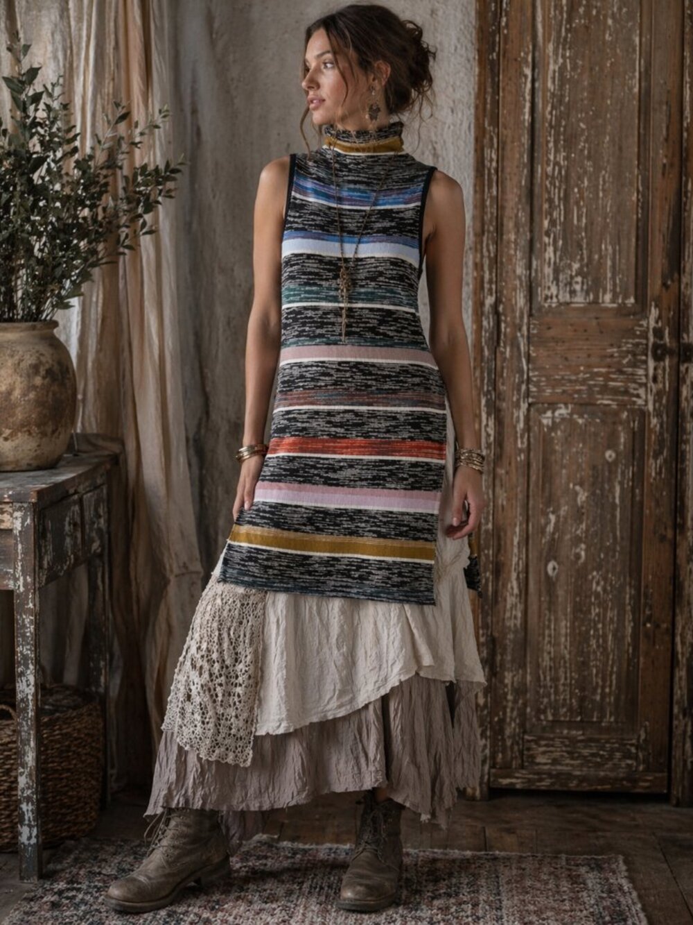 Anthropologie Space Dyed Knit Tunic Women's L Sleeveless‎ Mock Neck Lagenlook